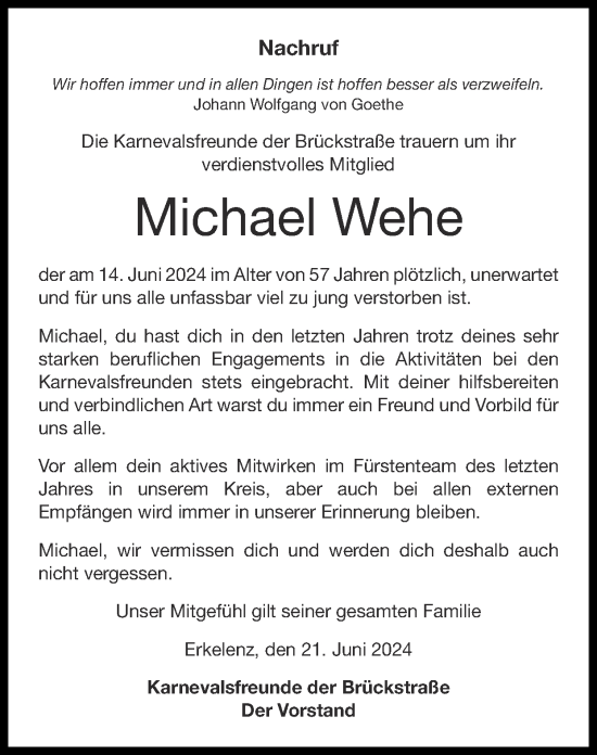 Traueranzeige von Michael Wehe von Zeitung am Sonntag