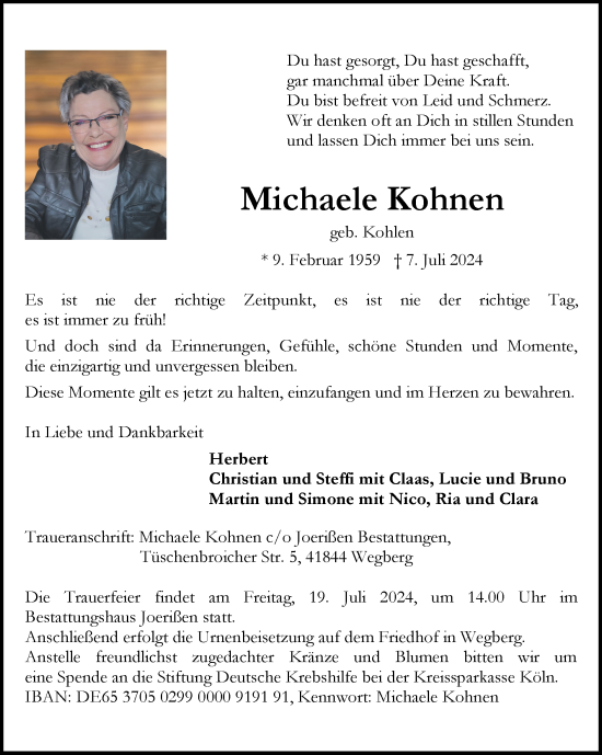 Traueranzeige von Michaele Kohnen von Zeitung am Sonntag