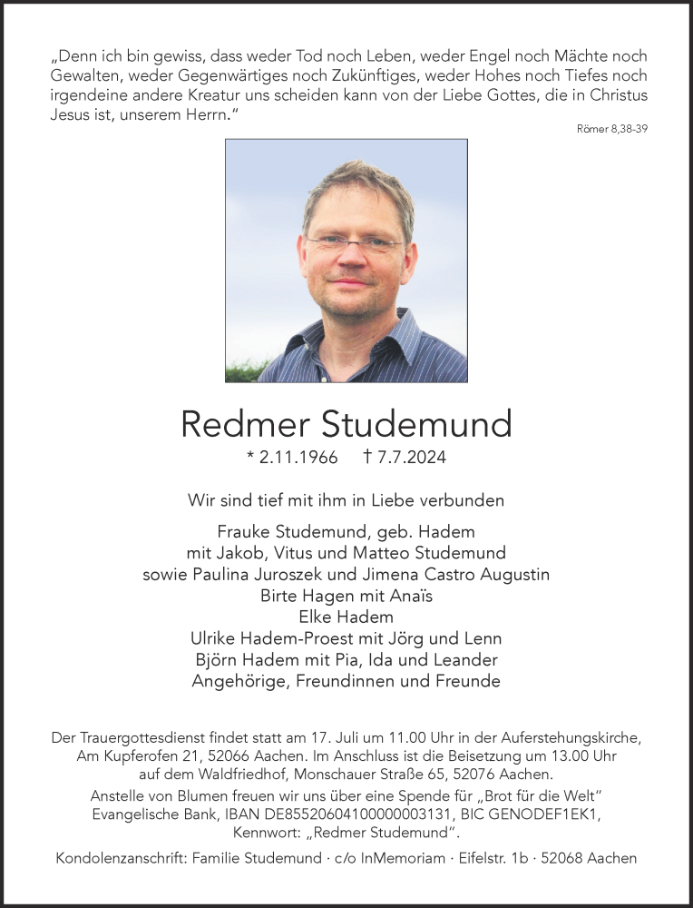  Traueranzeige für Redmer Studemund vom 13.07.2024 aus Aachener Zeitung