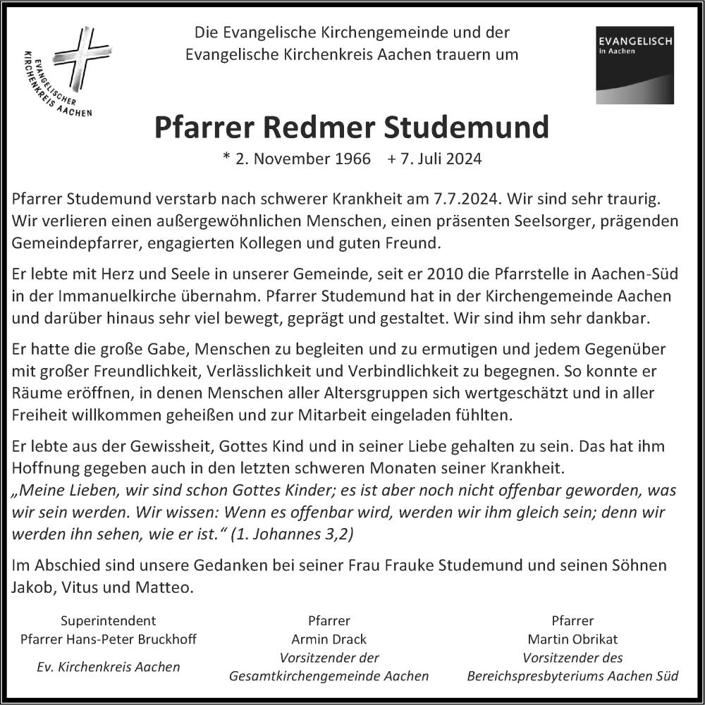  Traueranzeige für Redmer Studemund vom 13.07.2024 aus Aachener Zeitung