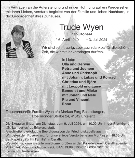 Traueranzeige von Trude Wyen von Zeitung am Sonntag