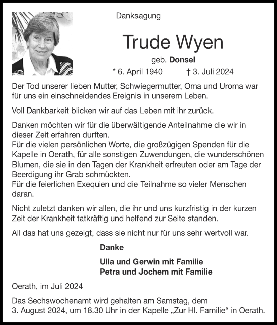 Traueranzeige von Trude Wyen von Zeitung am Sonntag