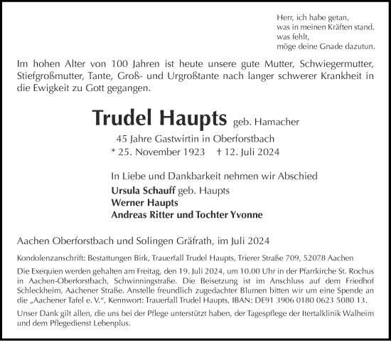 Traueranzeige von Trudel Haupts von Aachener Zeitung