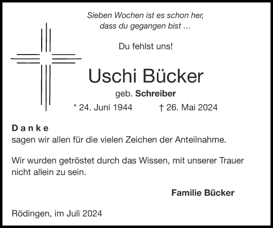 Traueranzeige von Uschi Bücker von Zeitung am Sonntag