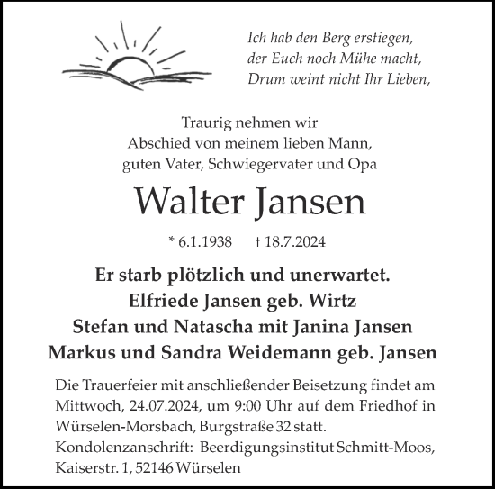 Traueranzeige von Walter Jansen von Aachener Zeitung