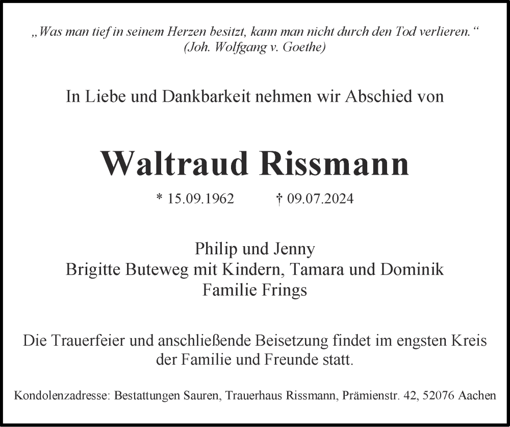  Traueranzeige für Waltraud Rissmann vom 21.07.2024 aus Zeitung am Sonntag