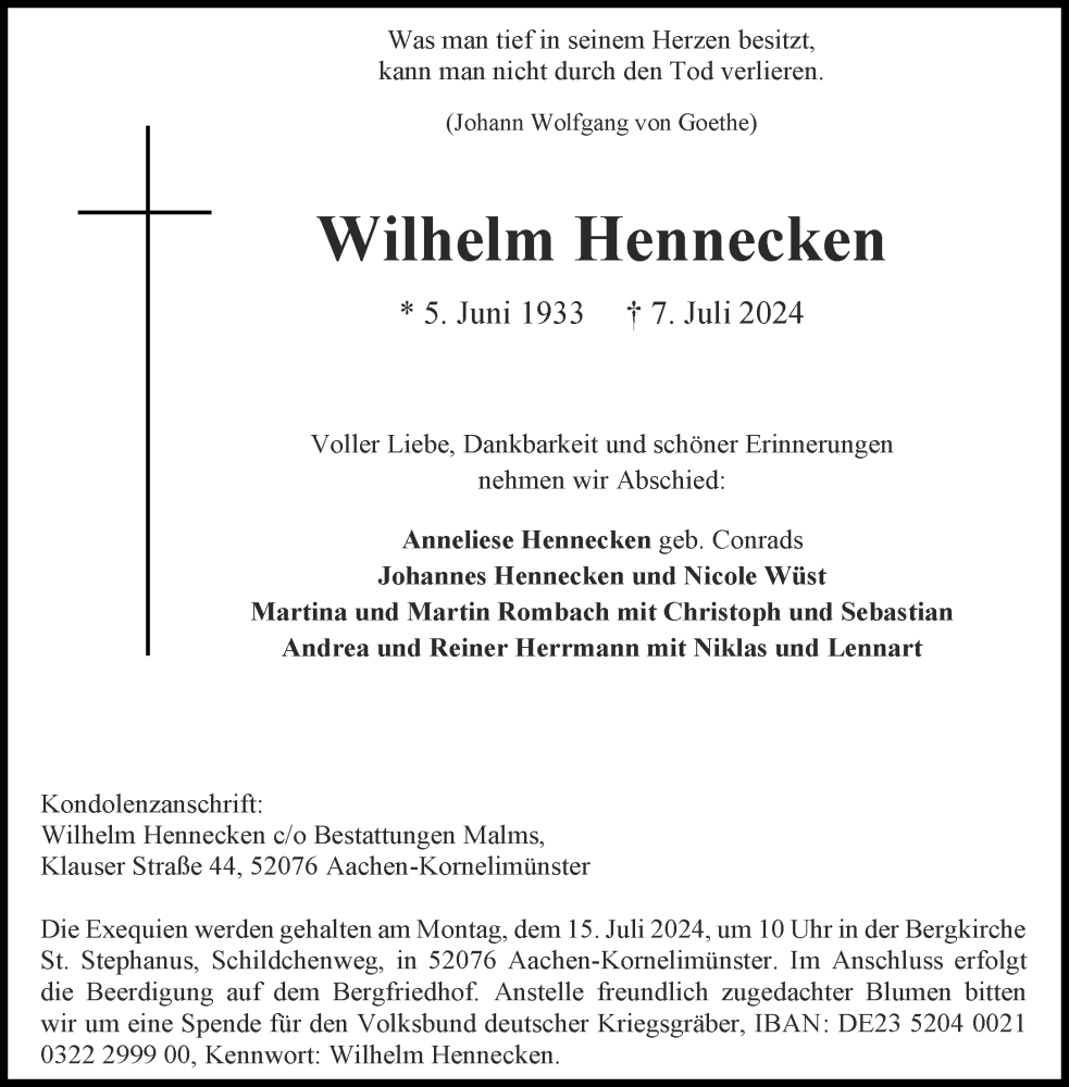  Traueranzeige für Wilhelm Hennecken vom 13.07.2024 aus Aachener Zeitung