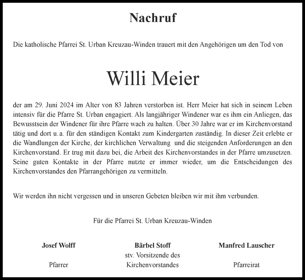  Traueranzeige für Willi Meier vom 14.07.2024 aus Zeitung am Sonntag