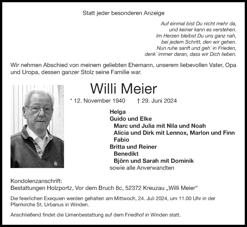  Traueranzeige für Willi Meier vom 14.07.2024 aus Zeitung am Sonntag