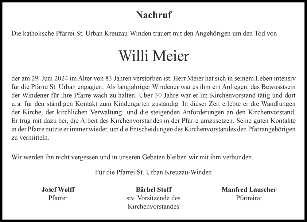  Traueranzeige für Willi Meier vom 13.07.2024 aus Aachener Zeitung