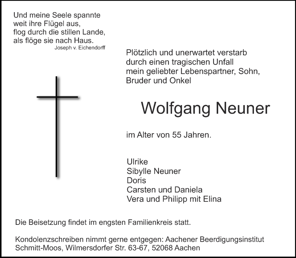  Traueranzeige für Wolfgang Neuner vom 20.07.2024 aus Aachener Zeitung