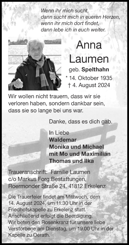 Traueranzeige von Anna Laumen von Zeitung am Sonntag