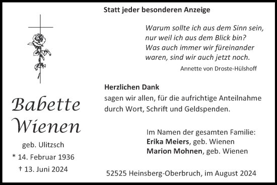 Traueranzeige von Babette Wienen von Zeitung am Sonntag