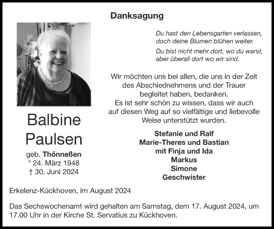 Traueranzeige von Balbine Paulsen von Zeitung am Sonntag