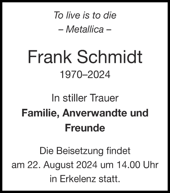 Traueranzeige von Frank Schmidt von Zeitung am Sonntag