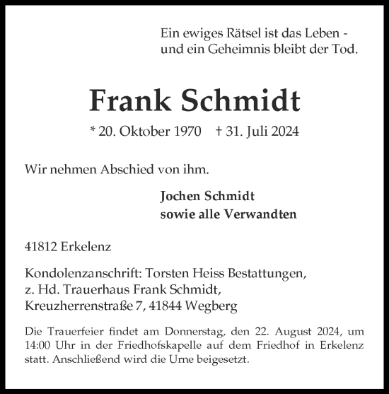 Traueranzeige von Frank Schmidt von Zeitung am Sonntag