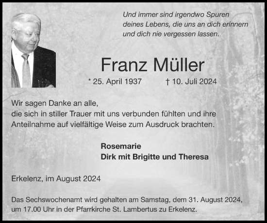 Traueranzeige von Franz Müller von Zeitung am Sonntag