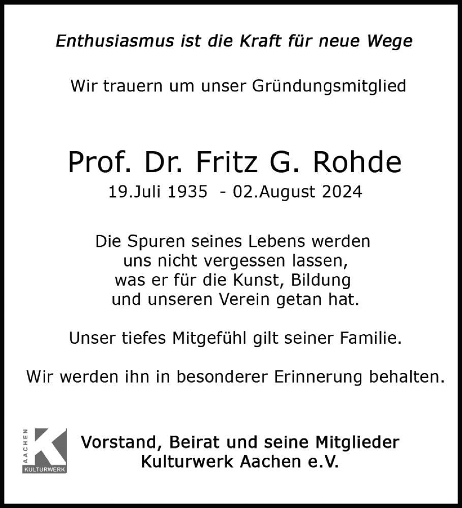  Traueranzeige für Fritz G. Rohde vom 10.08.2024 aus Aachener Zeitung