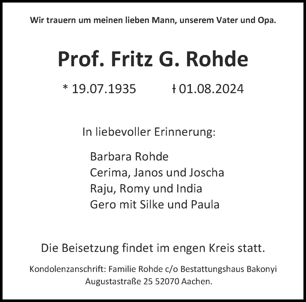  Traueranzeige für Fritz G. Rohde vom 10.08.2024 aus Aachener Zeitung