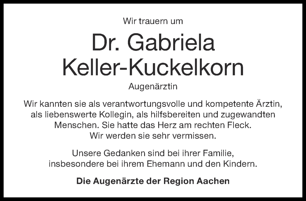  Traueranzeige für Gabriela Keller-Kuckelkorn vom 24.08.2024 aus Aachener Zeitung