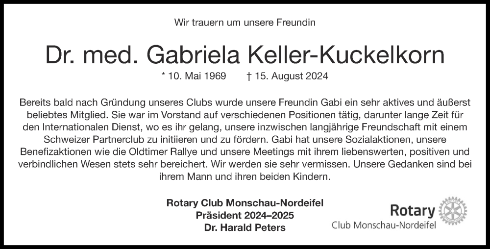  Traueranzeige für Gabriela Keller-Kuckelkorn vom 31.08.2024 aus Aachener Zeitung