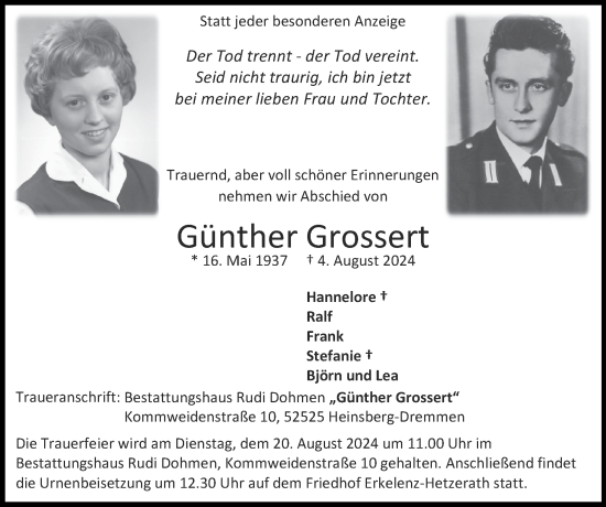 Traueranzeige von Günther Grossert von Zeitung am Sonntag