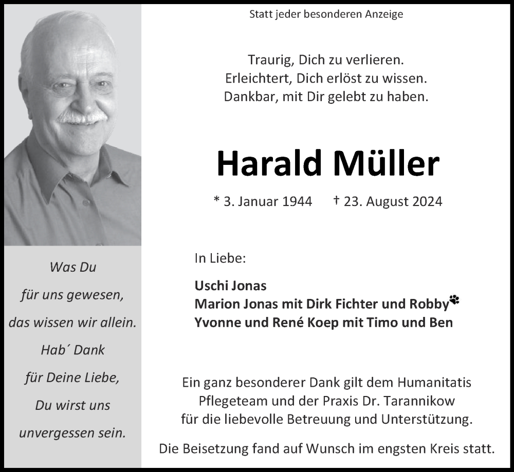  Traueranzeige für Harald Müller vom 01.09.2024 aus Zeitung am Sonntag