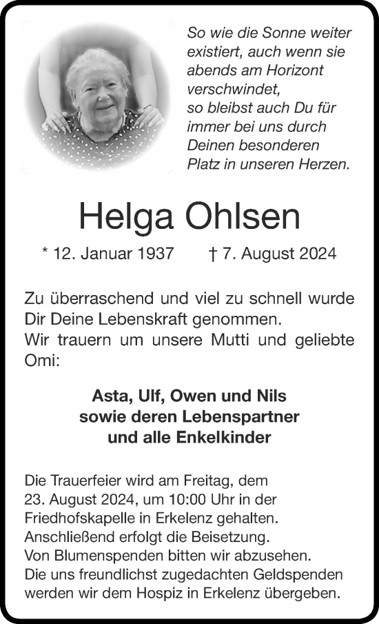 Traueranzeige von Helga Ohlsen von Zeitung am Sonntag