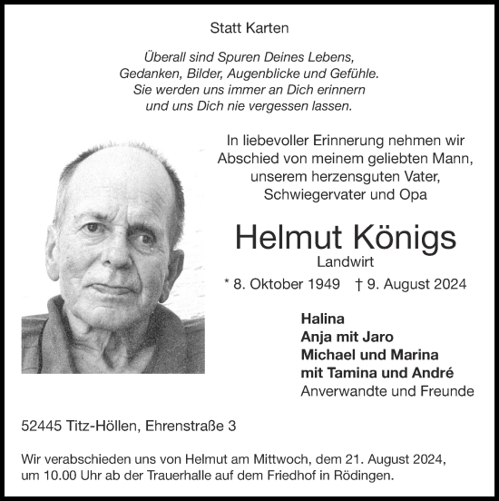 Traueranzeige von Helmut Königs von Zeitung am Sonntag