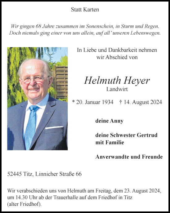 Traueranzeige von Helmuth Heyer von Zeitung am Sonntag