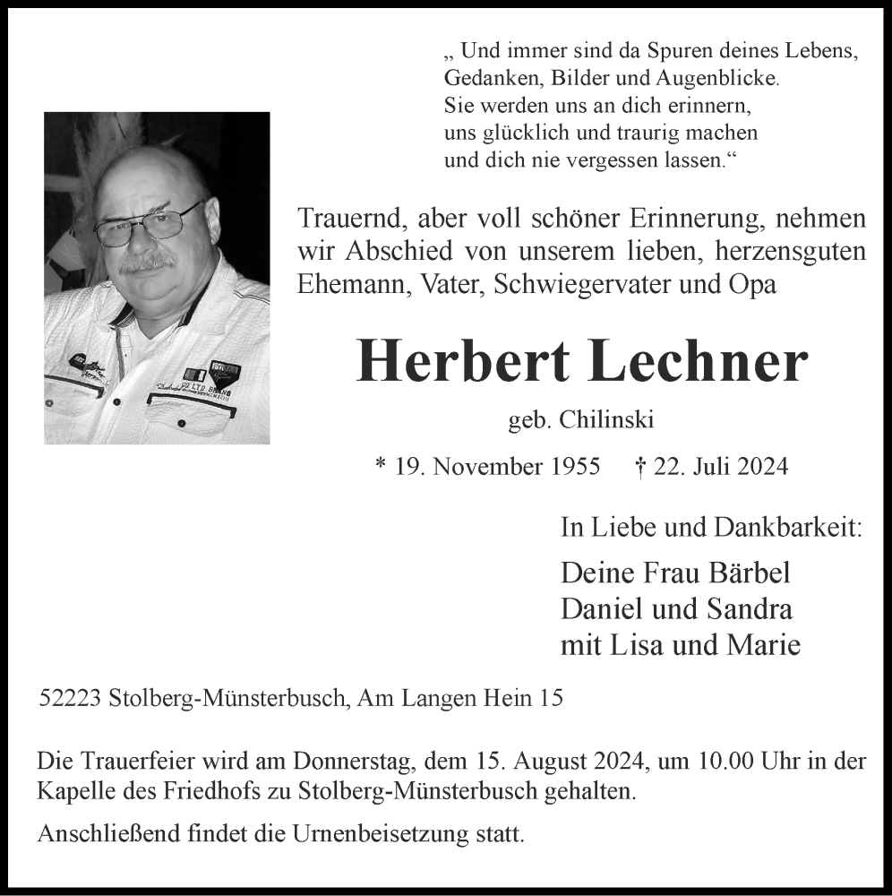  Traueranzeige für Herbert Lechner vom 11.08.2024 aus Zeitung am Sonntag