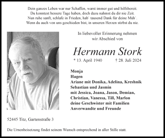 Traueranzeige von Hermann Stork von Zeitung am Sonntag