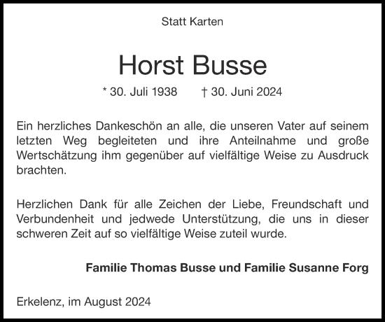 Traueranzeige von Horst Busse von Zeitung am Sonntag