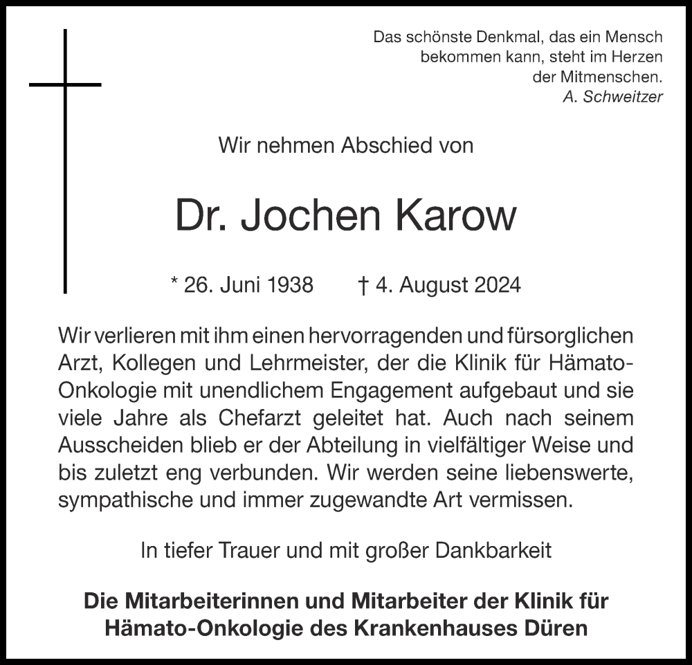  Traueranzeige für Jochen Karow vom 18.08.2024 aus Zeitung am Sonntag