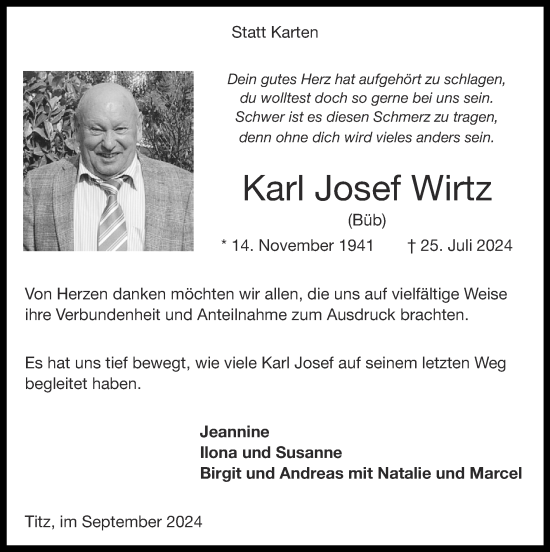 Traueranzeige von Karl Josef Wirtz von Zeitung am Sonntag