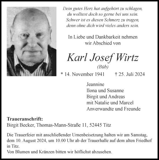 Traueranzeige von Karl Josef Wirtz von Zeitung am Sonntag