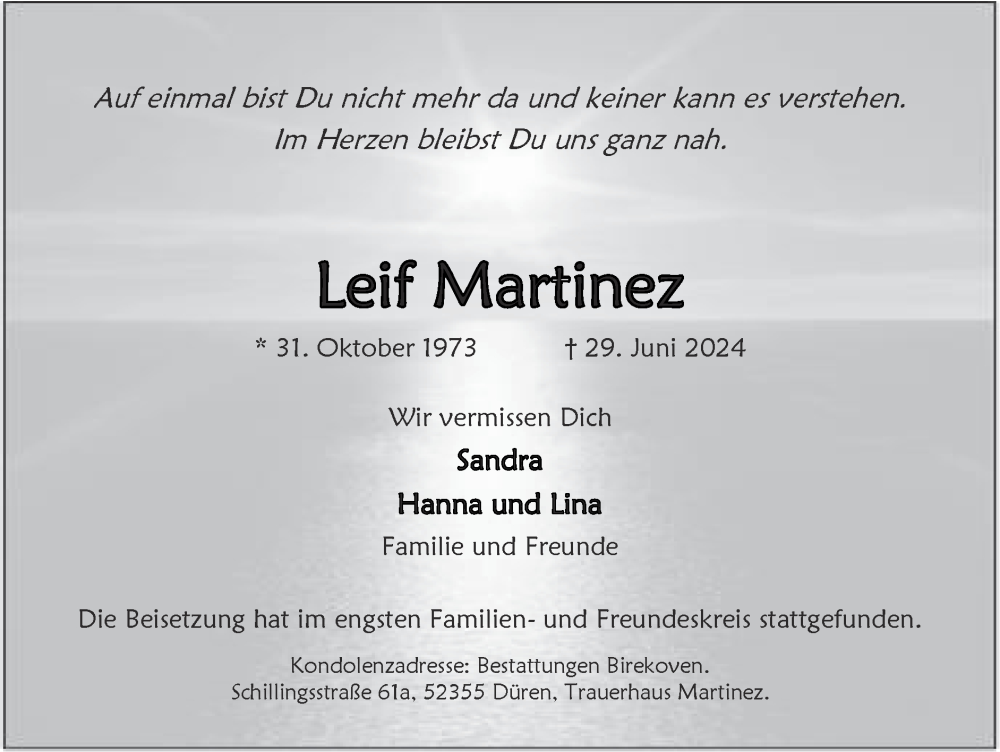  Traueranzeige für Leif Martinez vom 11.08.2024 aus Zeitung am Sonntag