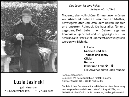 Traueranzeige von Luzia Jasinski von Zeitung am Sonntag