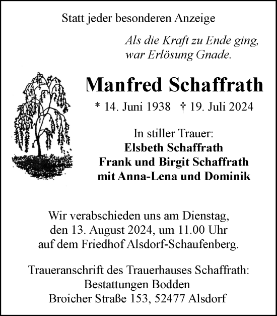 Traueranzeige von Manfred Schaffrath von Zeitung am Sonntag