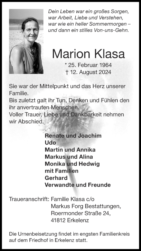 Traueranzeige von Marion Klasa von Zeitung am Sonntag