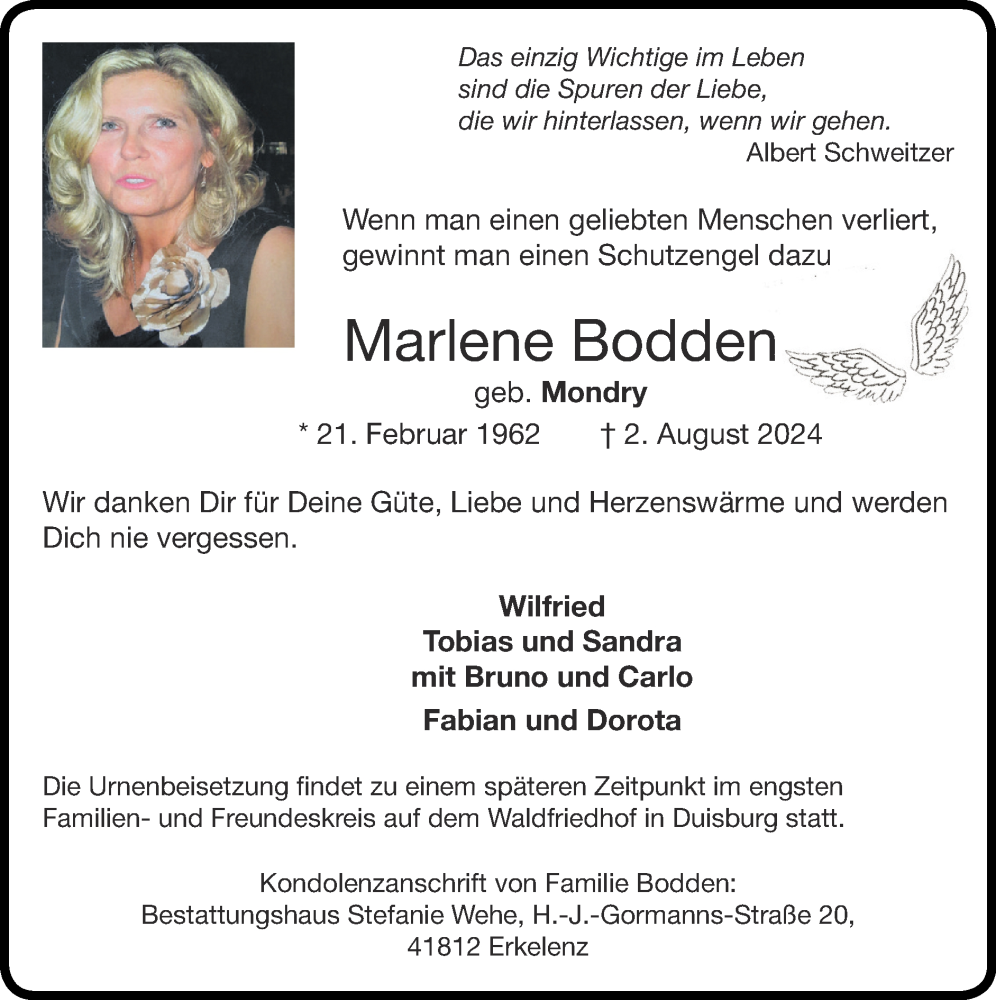  Traueranzeige für Marlene Bodden vom 11.08.2024 aus Zeitung am Sonntag