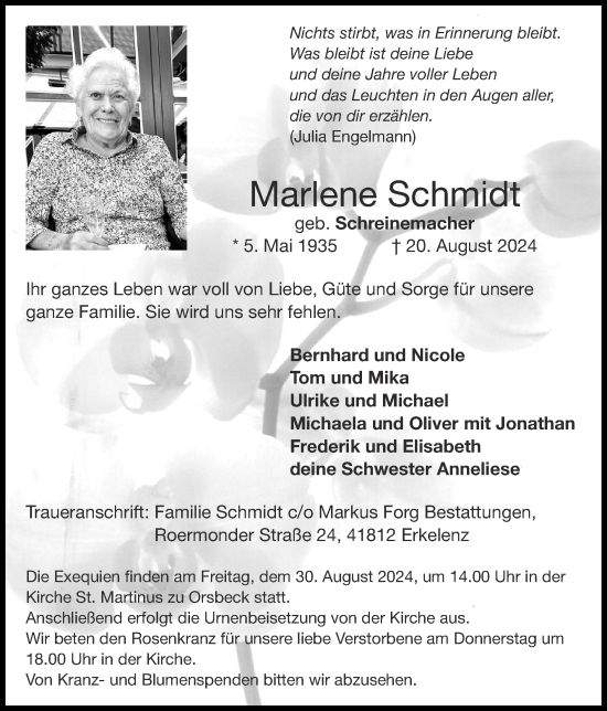 Traueranzeige von Marlene Schmidt von Zeitung am Sonntag