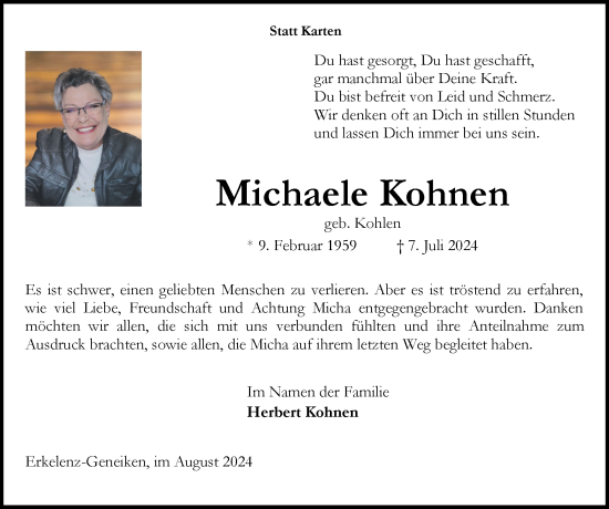 Traueranzeige von Michaele Kohnen von Zeitung am Sonntag