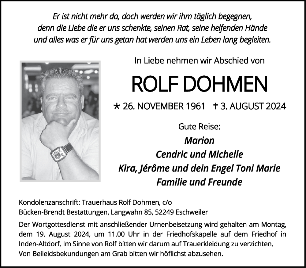  Traueranzeige für Rolf Dohmen vom 11.08.2024 aus Zeitung am Sonntag