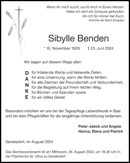 Traueranzeige von Sibylle Benden von Zeitung am Sonntag