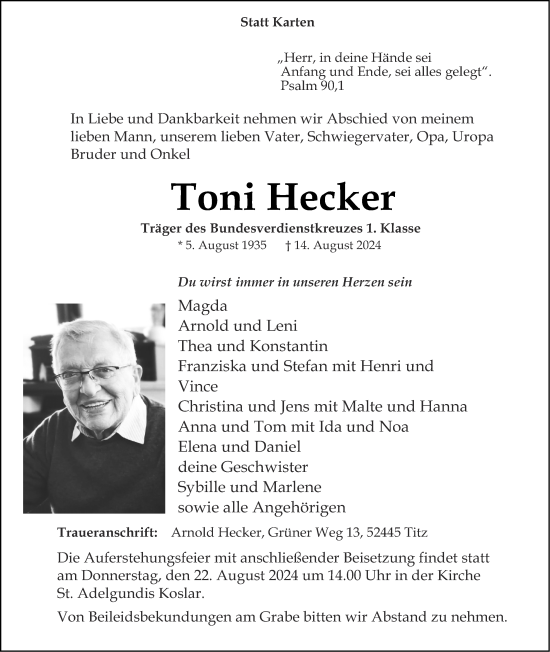 Traueranzeige von Toni Hecker von Zeitung am Sonntag