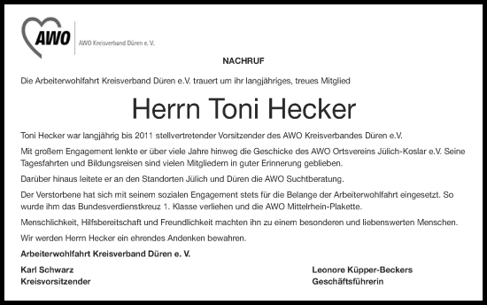 Traueranzeige von Toni Hecker von Zeitung am Sonntag