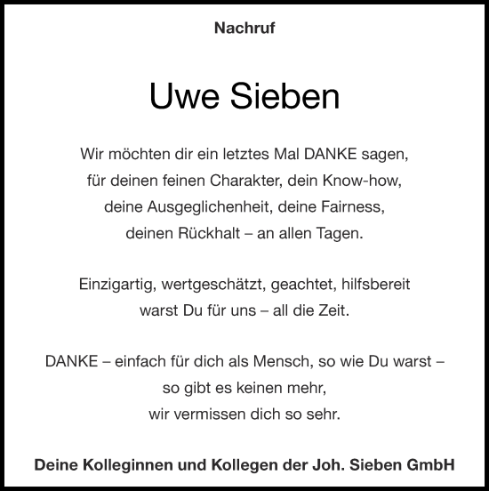 Traueranzeige von Uwe Sieben von Zeitung am Sonntag