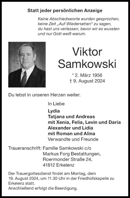 Traueranzeige von Viktor Samkowski von Zeitung am Sonntag