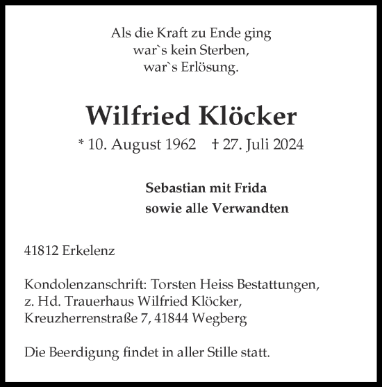 Traueranzeige von Wilfried Klöcker von Zeitung am Sonntag